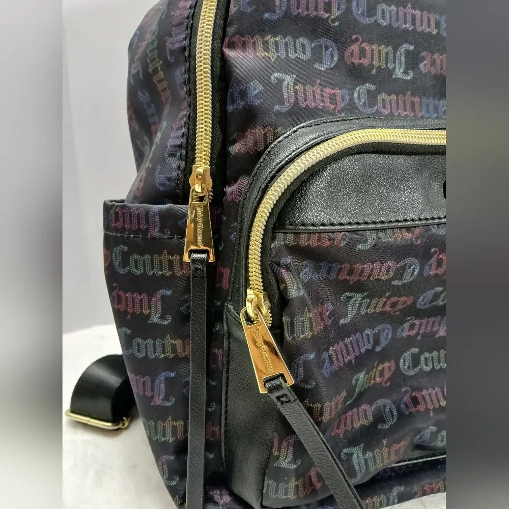 Juicy Couture Womens Backpack Black Mutli Color Lettering With‎ Gold Tones